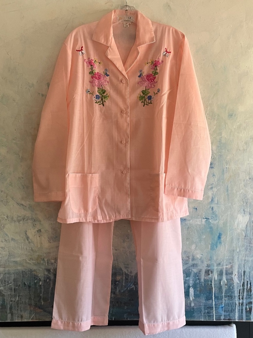 VTG Embroidered Pajama Set Pink Floral 2pc Fedo ZB Loungewear Bloom Granny L